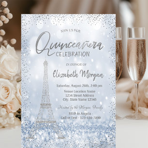 Convite Torre Silver Eiffel Confetti Bokeh Quinceañera