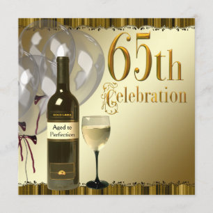 Convite Torta de 65 anos Garrafa de Vinho Copo Dourado