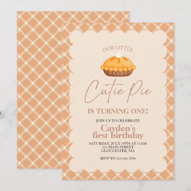 Convite Torta de abóbora Cutie Pie Outono xadrez Primeiro  (Frente/Verso)
