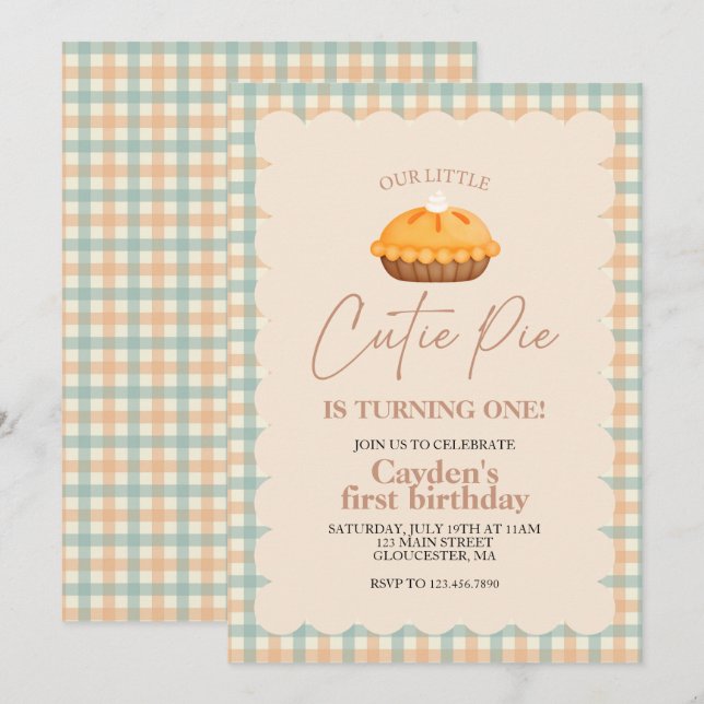 Convite Torta de abóbora Cutie Pie Outono xadrez Primeiro  (Frente/Verso)
