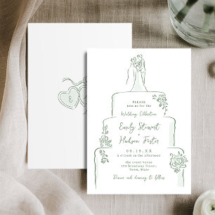 Convite Torta de Casamento Desenhada à Mão Sage Caprichosa