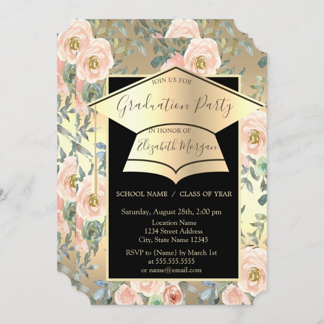 Convite Touca de Formatura, Flores Rosas Douradas Formatur (Frente/Verso)