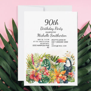 Convite Toucan Floral Tropical Aniversário de 90 anos