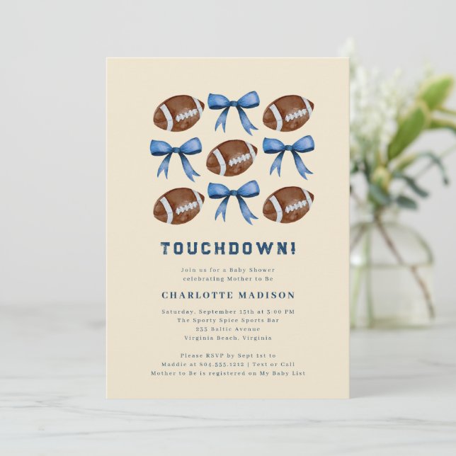 Convite Touchdown Football  and Bows Baby Shower  (Em pé/Frente)