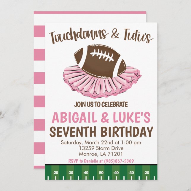Convite Touchdown's and Tutu's Birthday (Frente/Verso)