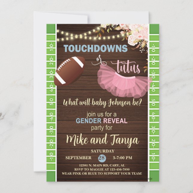 Convite Touchdowns or Tutus gender reveal invitation. (Frente)