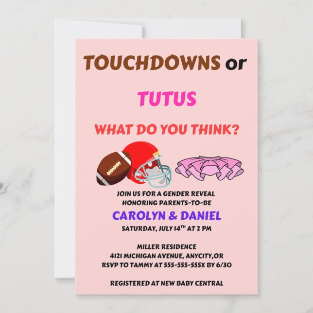 Convite Touchdowns ou Tutus Festa de Revelação de Gênero (Frente)