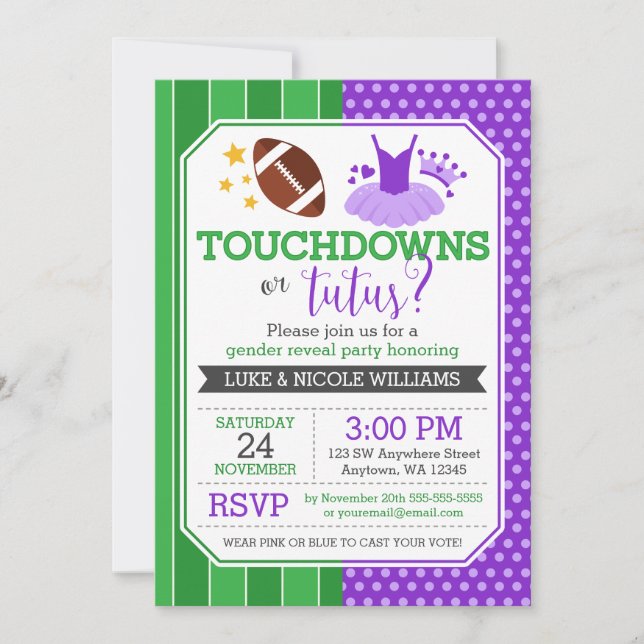 Convite Touchdowns ou Tutus Purple Gender Revement Party (Frente)