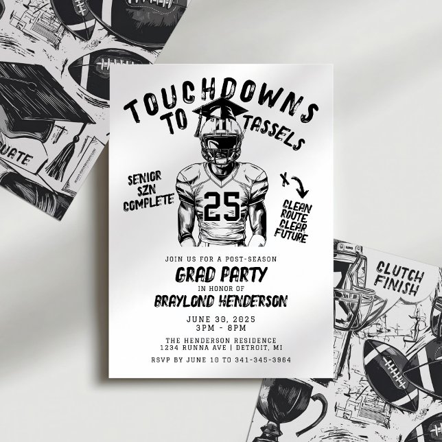 Convite Touchdowns para Borlas Festa de Graduação de Futeb (Football Grad Party Invitation | Touchdowns to Tassels | Senior Szn Complete)