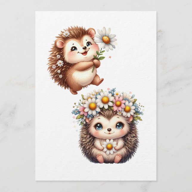 Convite  Tow cuteRomantic Floral Hedgehog Duo Illustration (Frente)