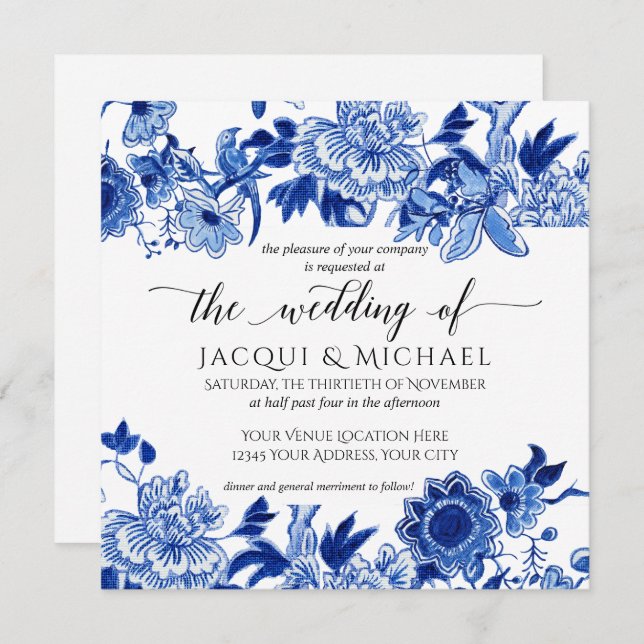 Convite Trabalho de arte de Casamento Floral Azul Branco s (Frente/Verso)
