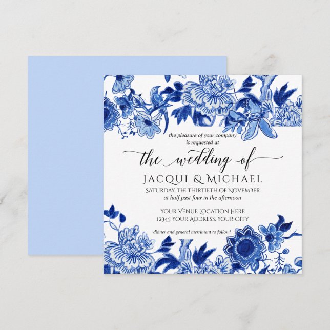 Convite Trabalho de arte de Casamento Floral Azul-Claro de (Frente/Verso)