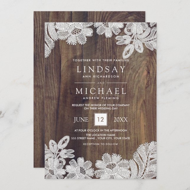 Convite Traço branco | Casamento de madeira de barn (Frente/Verso)