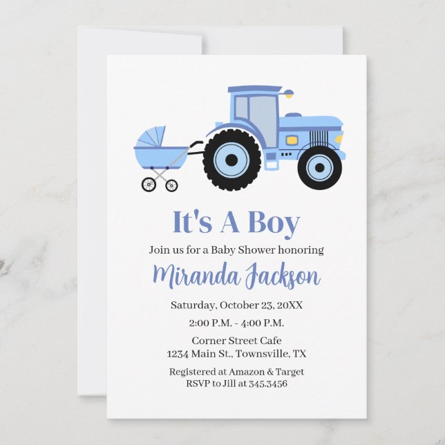 Convite Tractor Baby Shower Invitation Blue (Frente)