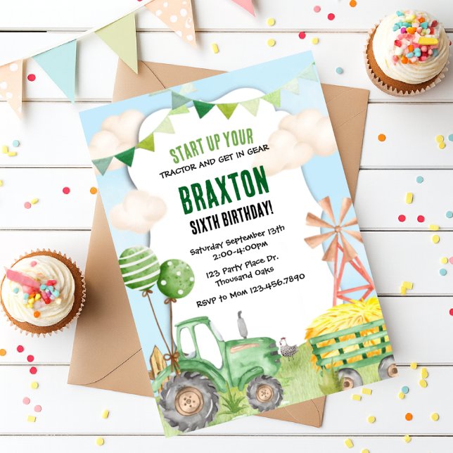 Convite Tractor Birthday, Green Tractor, Farm,  (Criador carregado)