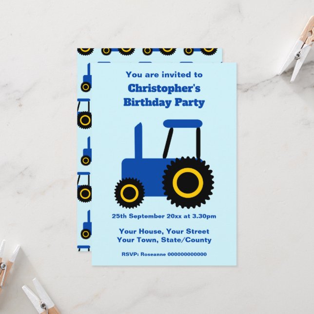 Convite Tractor Design Personalised Birthday Party (Frente/Verso In Situ)
