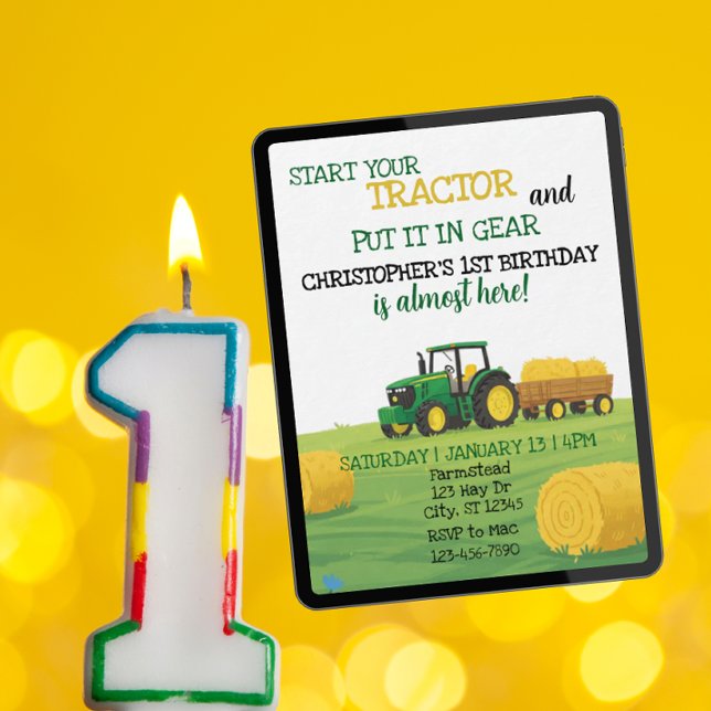 Convite Tractor in Gear, 1st Birthday (Criador carregado)