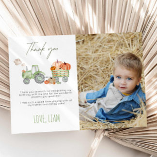 Convite Tractor & Pumpkin Birthday Thank You Photo Card