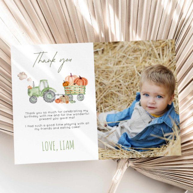Convite Tractor & Pumpkin Birthday Thank You Photo Card (Criador carregado)