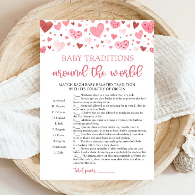 Convite Tradição De Bebês namorados Ao Redor Do Jogo Mundi (Watercolor Pink Hearts Valentine Sweetheart Girl Baby Traditions Around The World Baby Shower Game)