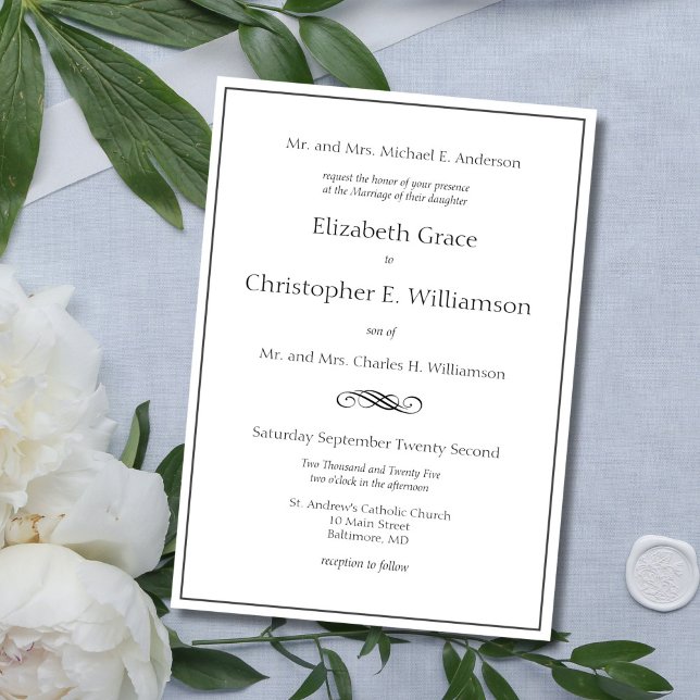 Convite Tradicional Clássico Formal Casamento de Ambos os  (Traditional Classic Black White Formal wedding invitation. Both parents names)