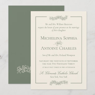 Convite Tradicional Formal Elegante Verde Sage Casamento