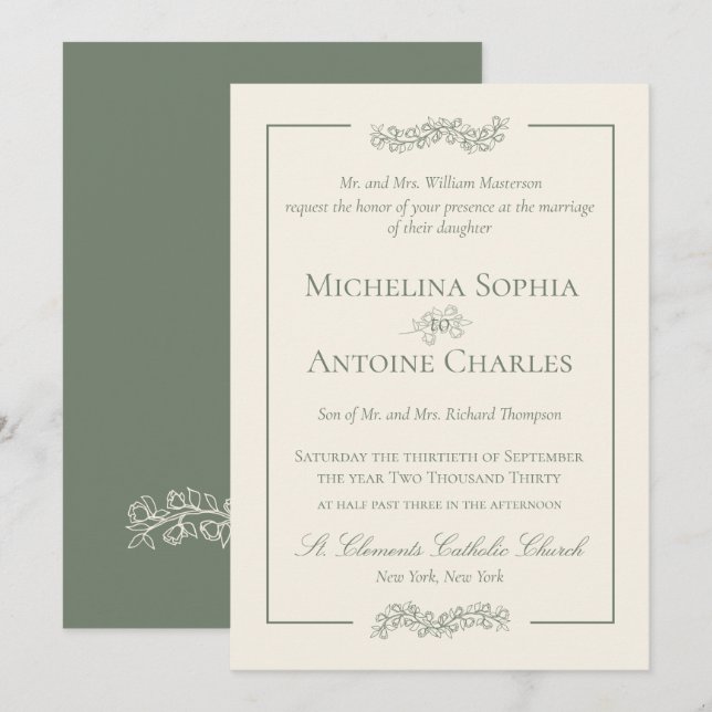 Convite Tradicional Formal Elegante Verde Sage | Casamento (Frente/Verso)