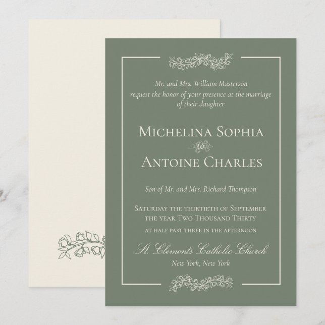 Convite Tradicional Formal Elegante Verde Sage | Casamento (Frente/Verso)