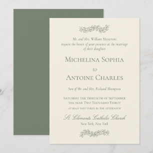 Convite Tradicional Formal Elegante Verde Sage Casamento