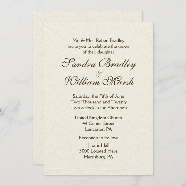 Convite Tradicional para Casamento de Marfim 5" x  (Frente/Verso)