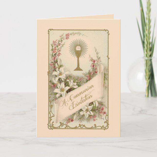 Convite Tradicional Vintage Católico para Primeira (Frente)