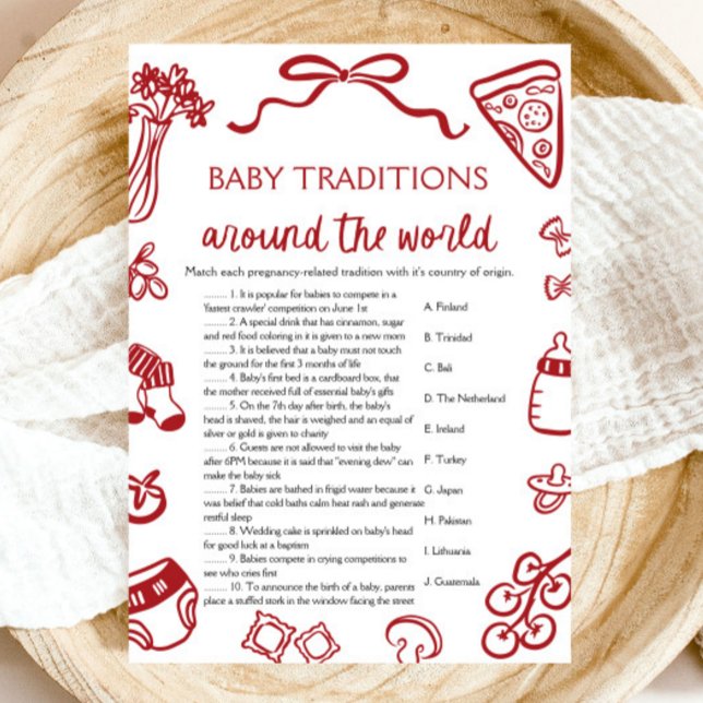 Convite Tradições de Bebê Desenhadas à Mão ao Redor do Mun (Hand Drawn Baby Traditions Around The World Game)