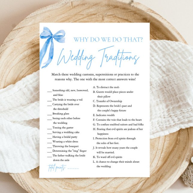 Convite Tradições de Casamento com Laço Azul Jogo para Chá (Watercolor Blue Bow Wedding Traditions Bridal Shower Game)