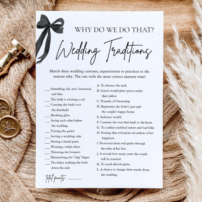 Convite Tradições de Casamento com Laço Preto Jogo para Ch (Black Bow Wedding Traditions Bridal Shower Game)