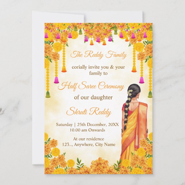 Convite Traditional Half Saree Ceremony Invitation (Frente)