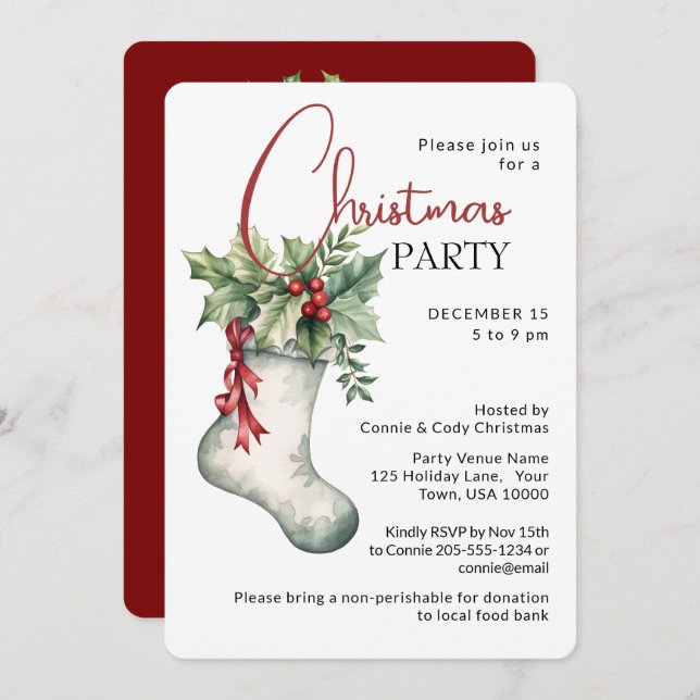 Convite Traditional Holiday Stocking CHRISTMAS PARTY (Frente/Verso)