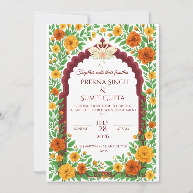 Convite Traditional Indian Floral Wedding Invitation  (Frente)