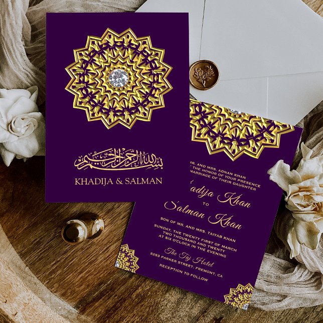 Convite Traditional Purple Gold Motif Islamic Wedding (Criador carregado)