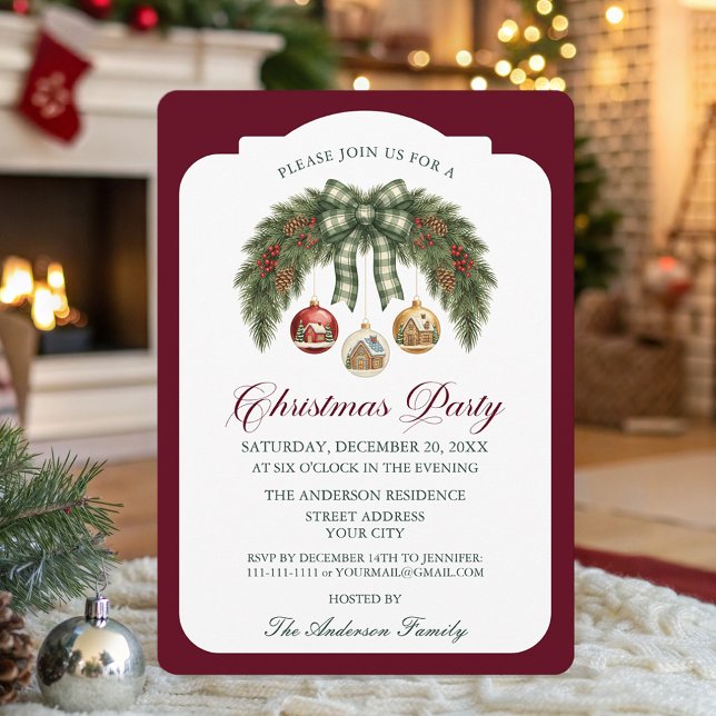 Convite Traditional Rustic Burgundy Christmas Party   (Criador carregado)