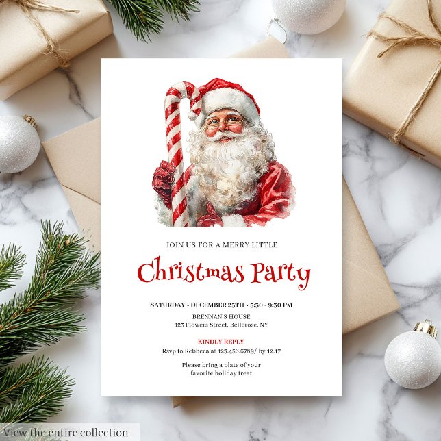Convite Traditional Santa Watercolor Christmas Dinner  (Traditional Santa Watercolor Christmas Dinner Invite)