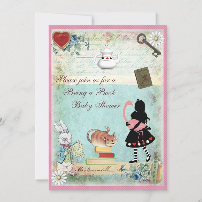 Convite Traga um Chá de fraldas de Alice e Flamingo Rosa (Frente)