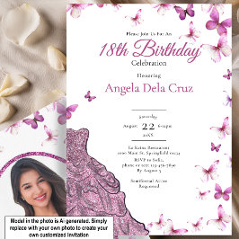 Convite Traje de Borboletas Rosa Debut de 18 Anos