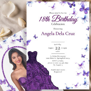 Convite Traje de Borboletas Roxas 18º Aniversário de Debut
