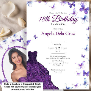 Convite Traje de Borboletas Roxas 18º Aniversário de Debut