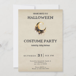 Convite Traje de Halloween Vintage Crescente Lua Ouro Pret