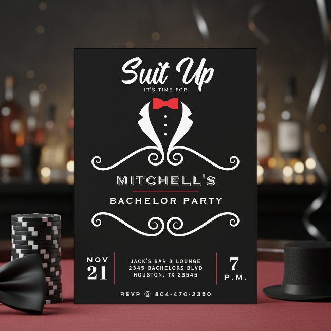 Convite Traje de Smoking para Despedida de Solteiro Gravat (Bachelor Party Tuxedo Suit Bowtie Black & Red Invitation
)