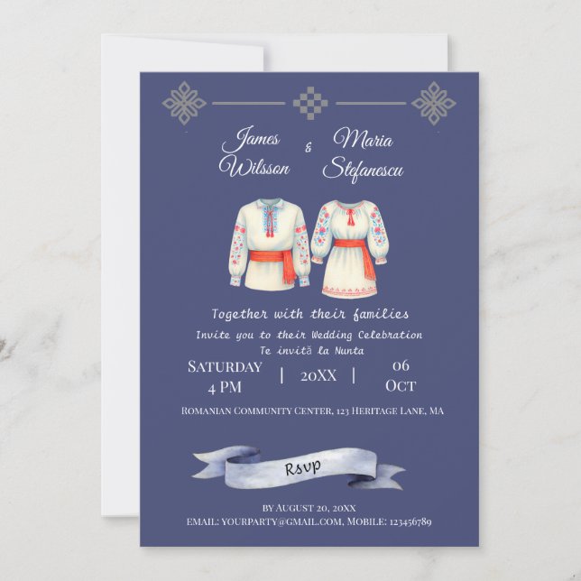 Convite Trajes Folclóricos Tradicionais de Casamento Romen (Frente)