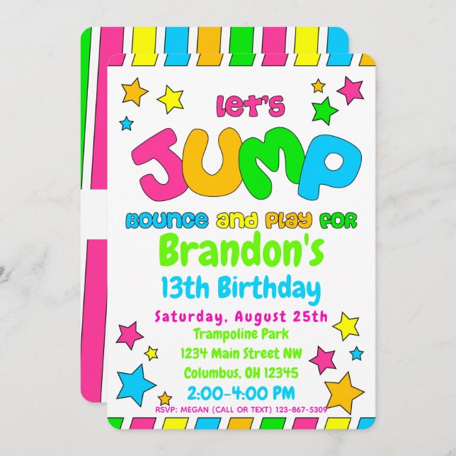 Convite Trampoline Jump Park Party em cores neonosas (Frente/Verso)