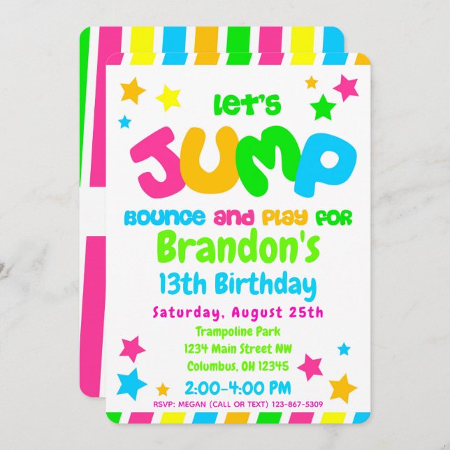 Convite Trampoline Jump Park Party em cores neonosas (Frente/Verso)