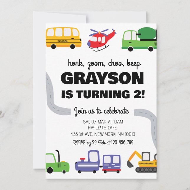 Convite Transportation 2nd Birthday Invitation for Boy (Frente)